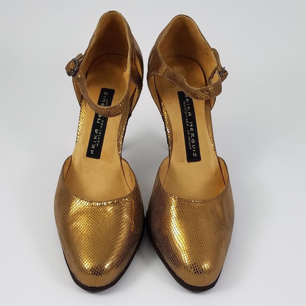 Arika Nerguiz 7.5/8 ankle strap gold leather dance /character shoes rubber soles - Picture 2 of 14